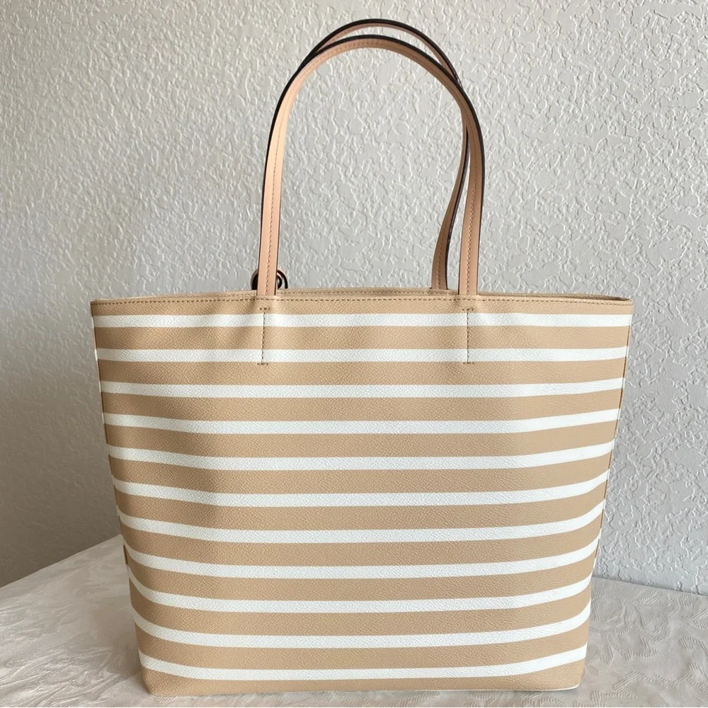 Kate Spade beige White Stripes Front Pocket Tote